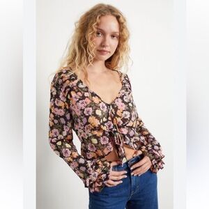 Free People Floral Bell Sleeve Front Tie Blouse